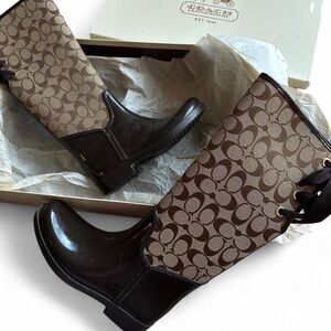 Espresso Brown Coach all over print rain boots with lace-up bow detail  ☕️